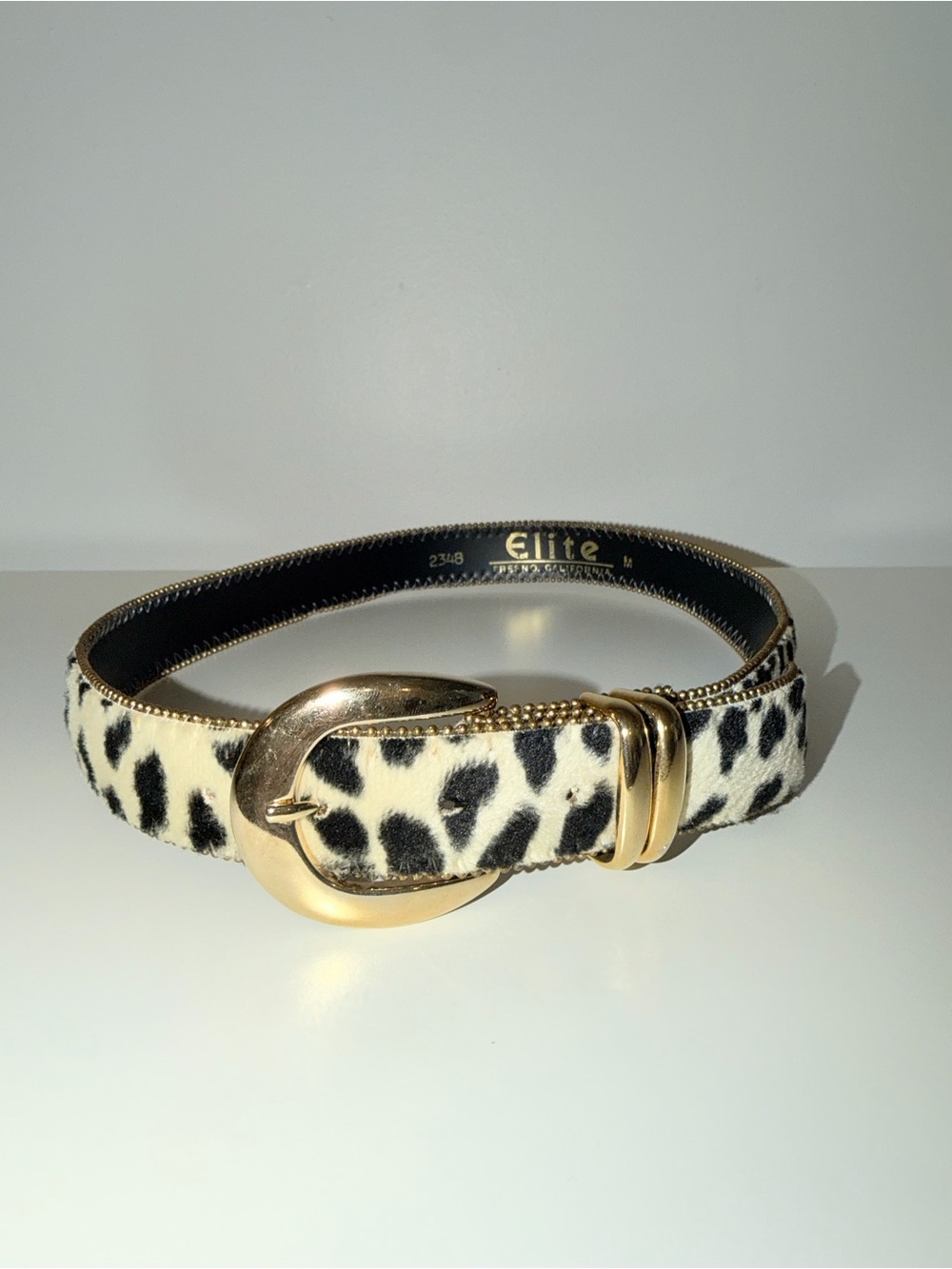 Vtg Elite Fresno California Black and Beige Leopard Print Belt with Gold, Sz Med